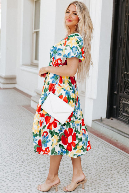 Vibrant Floral A-Line Midi Dress with Bubble Sleeves