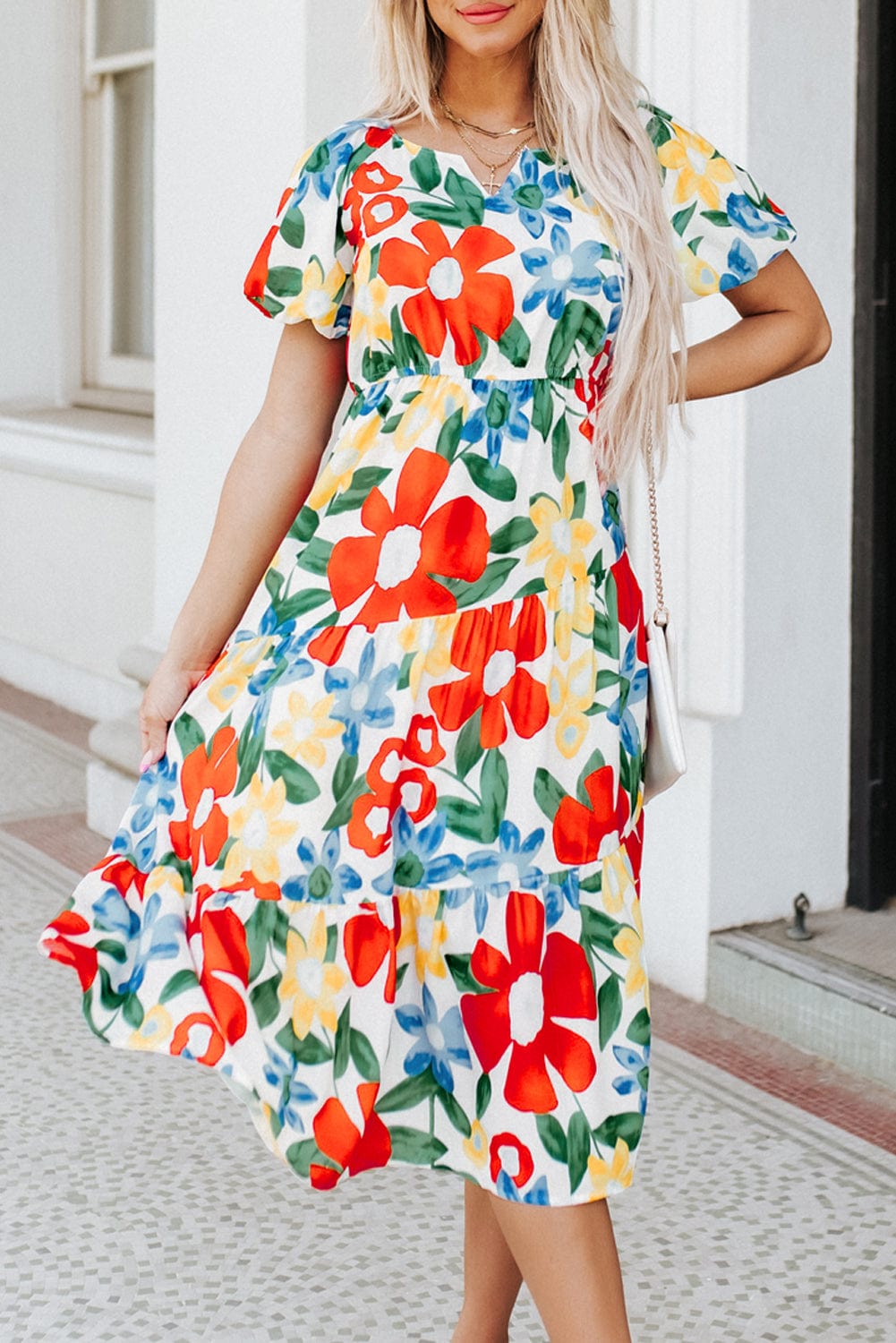 Vibrant Floral A-Line Midi Dress with Bubble Sleeves