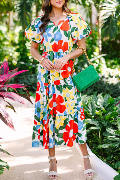 Vibrant Floral A-Line Midi Dress with Bubble Sleeves