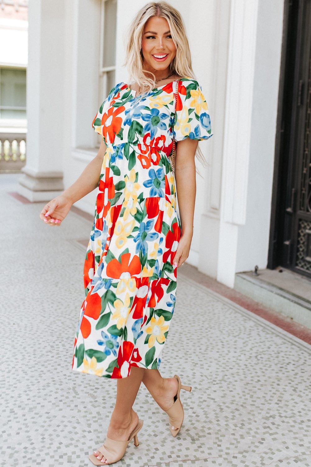 Vibrant Floral A-Line Midi Dress with Bubble Sleeves