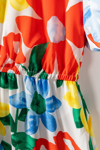 Vibrant Floral A-Line Midi Dress with Bubble Sleeves