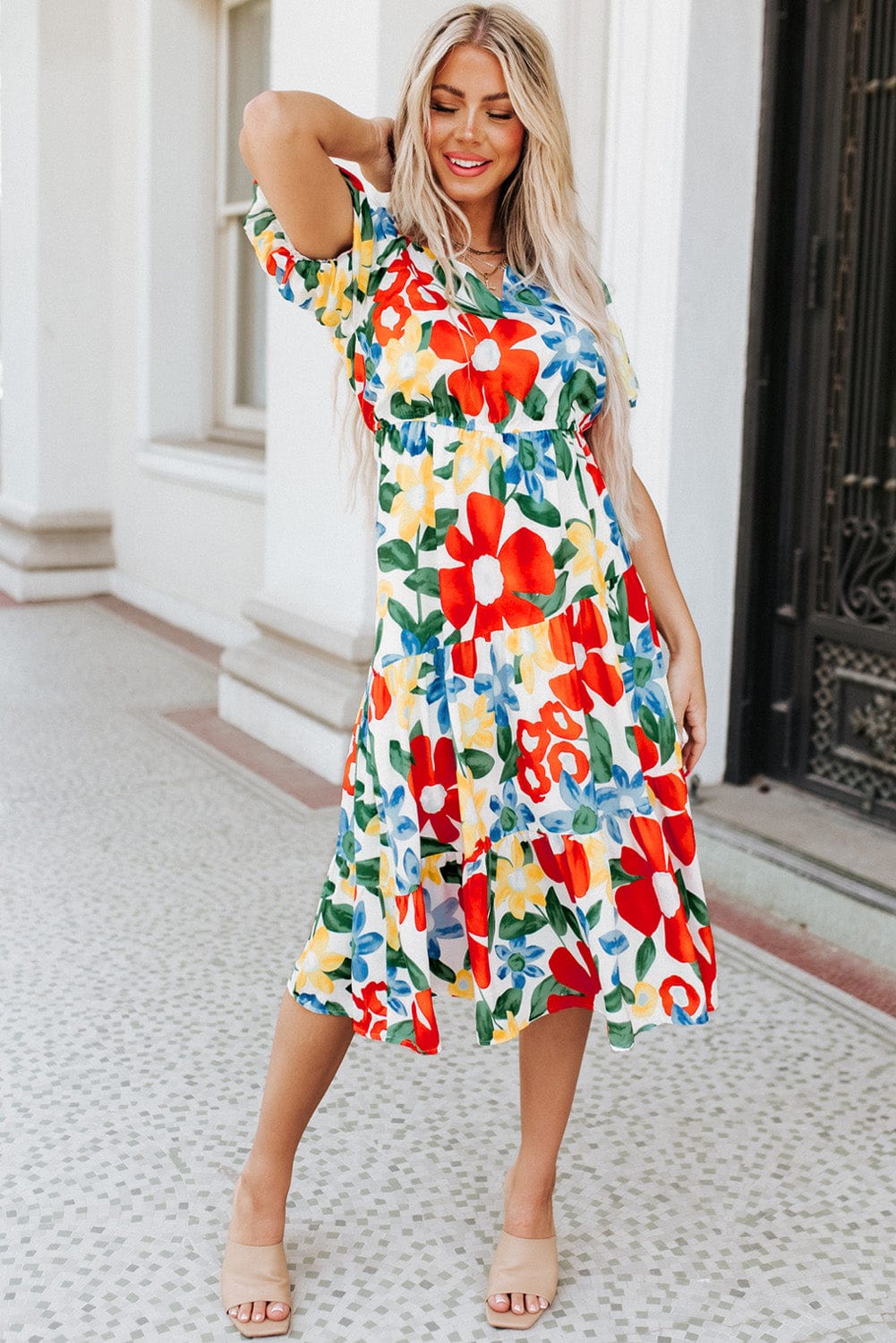 Vibrant Floral A-Line Midi Dress with Bubble Sleeves