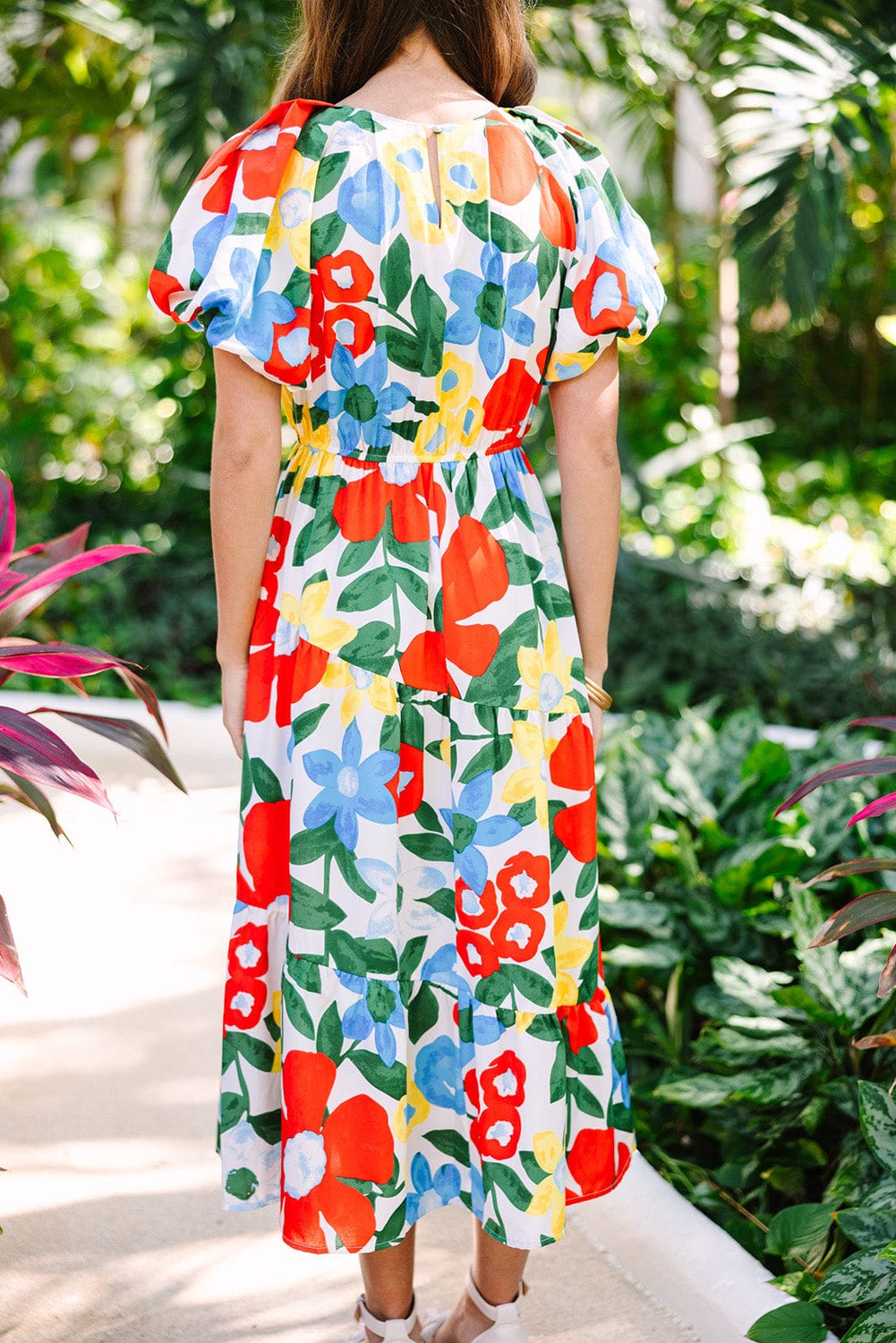 Vibrant Floral A-Line Midi Dress with Bubble Sleeves