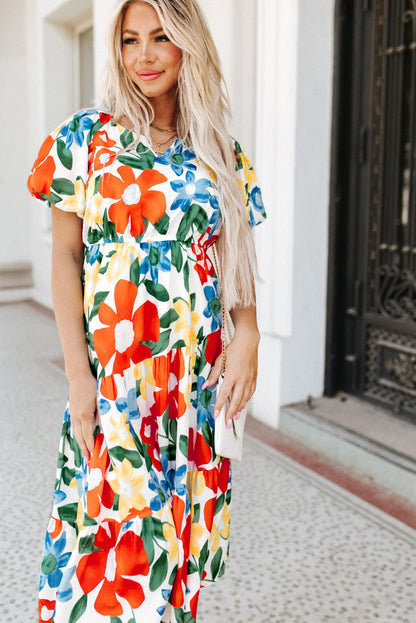 Vibrant Floral A-Line Midi Dress with Bubble Sleeves