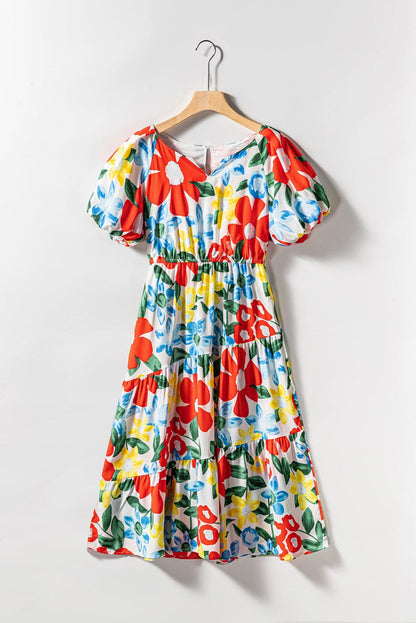 Vibrant Floral A-Line Midi Dress with Bubble Sleeves