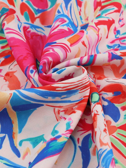 Vibrant Floral and Striped Ruffle Sleeve Blouse