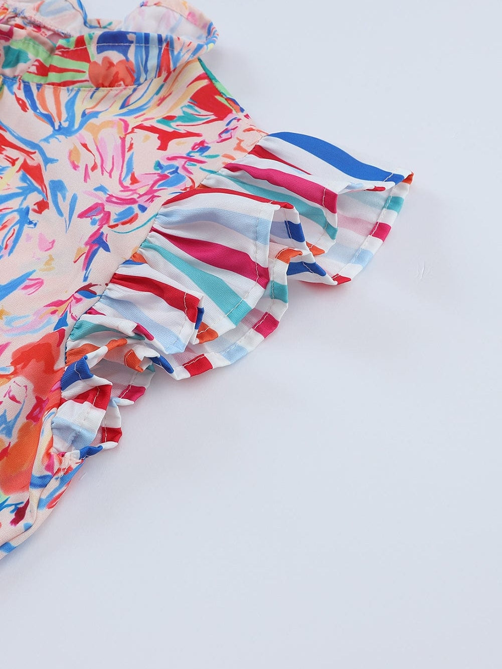 Vibrant Floral and Striped Ruffle Sleeve Blouse