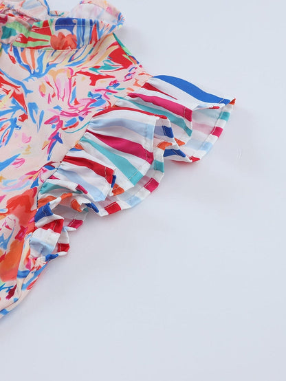 Vibrant Floral and Striped Ruffle Sleeve Blouse
