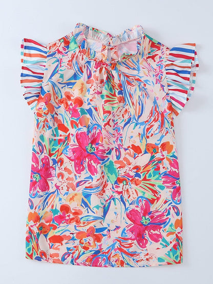 Vibrant Floral and Striped Ruffle Sleeve Blouse
