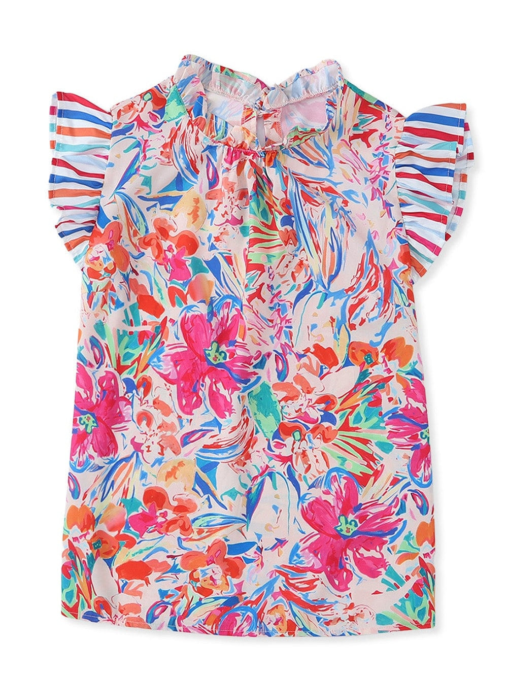 Vibrant Floral and Striped Ruffle Sleeve Blouse