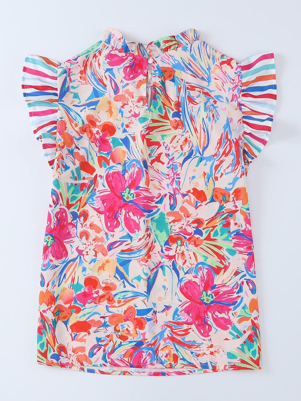 Vibrant Floral and Striped Ruffle Sleeve Blouse