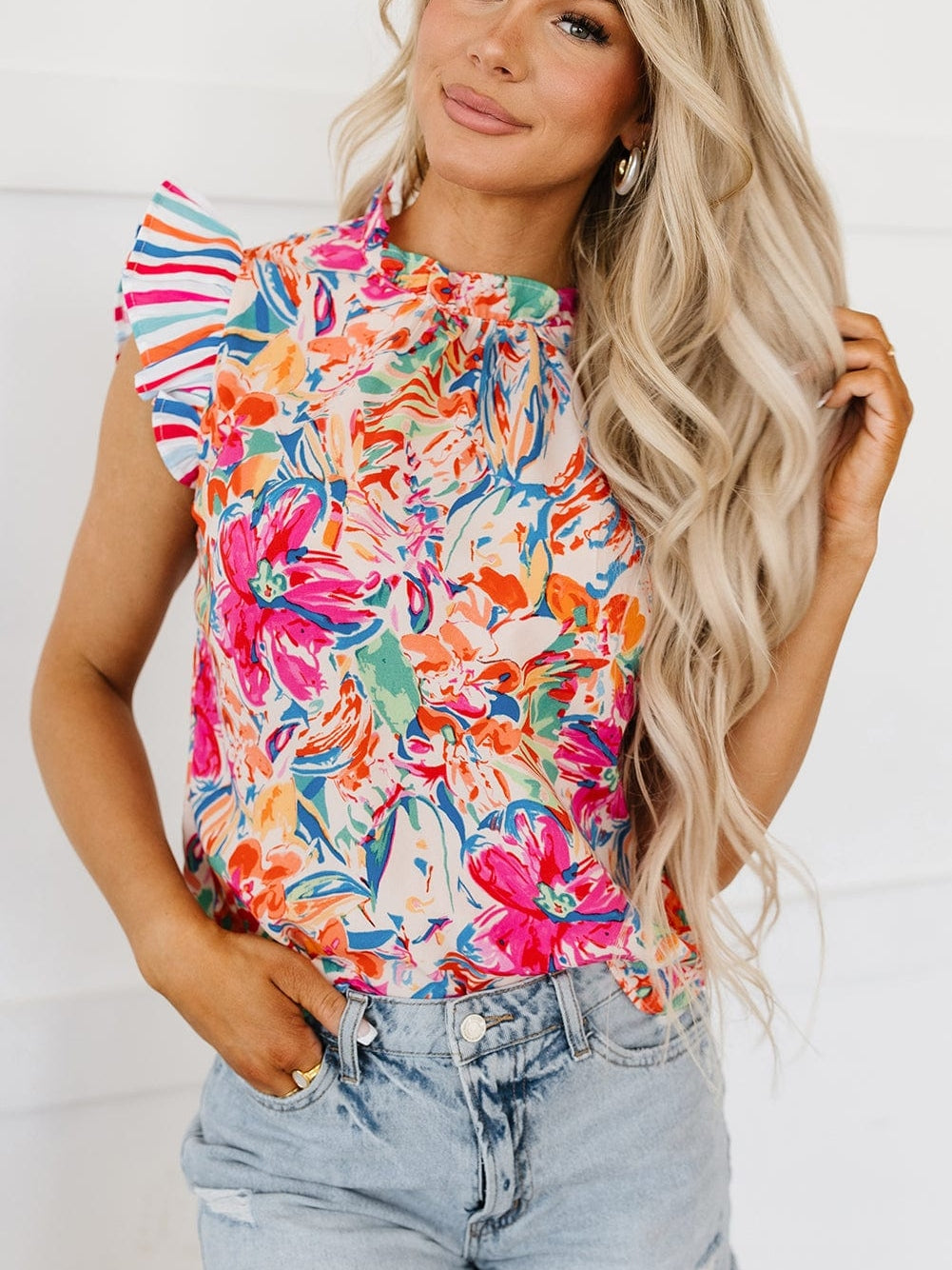 Vibrant Floral and Striped Ruffle Sleeve Blouse