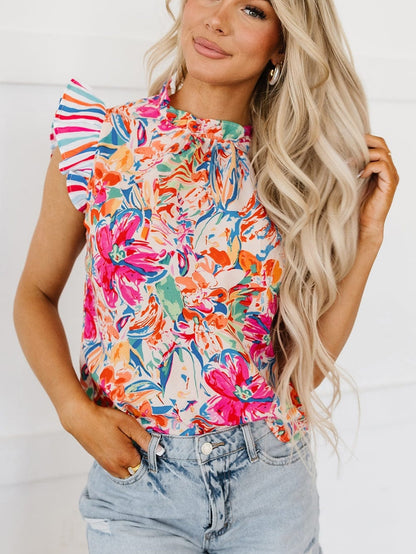 Vibrant Floral and Striped Ruffle Sleeve Blouse
