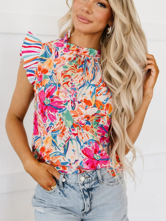 Vibrant Floral and Striped Ruffle Sleeve Blouse