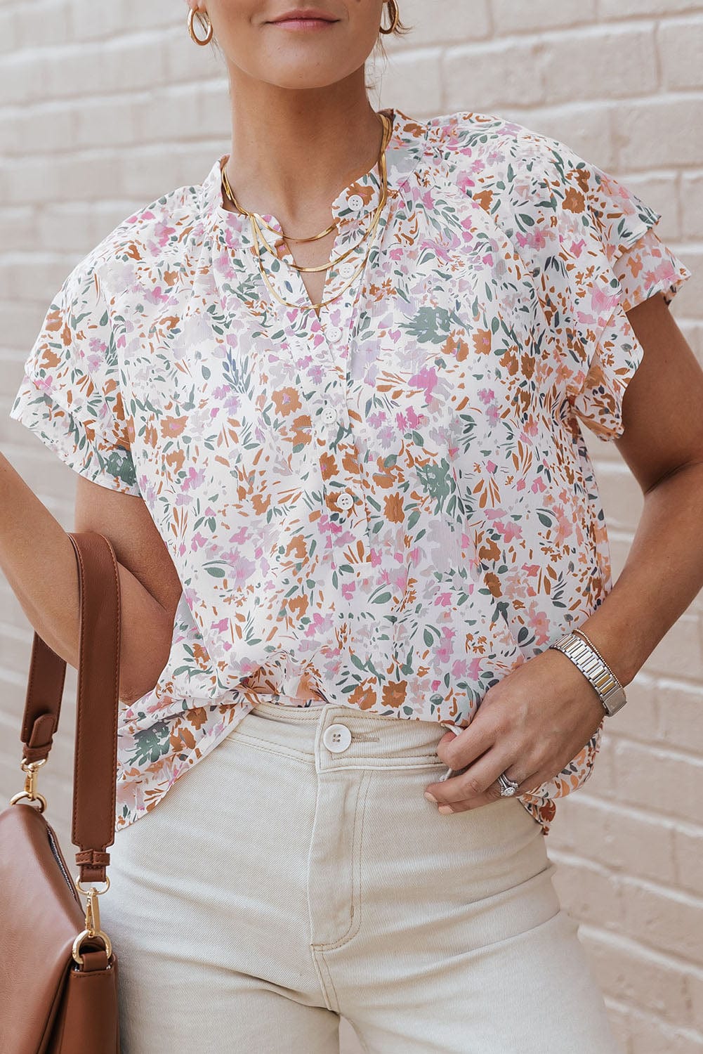 Vibrant Floral Mandarin Neckline Blouse