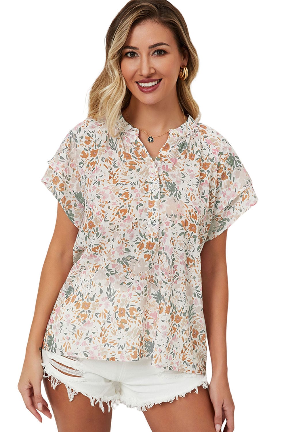 Vibrant Floral Mandarin Neckline Blouse