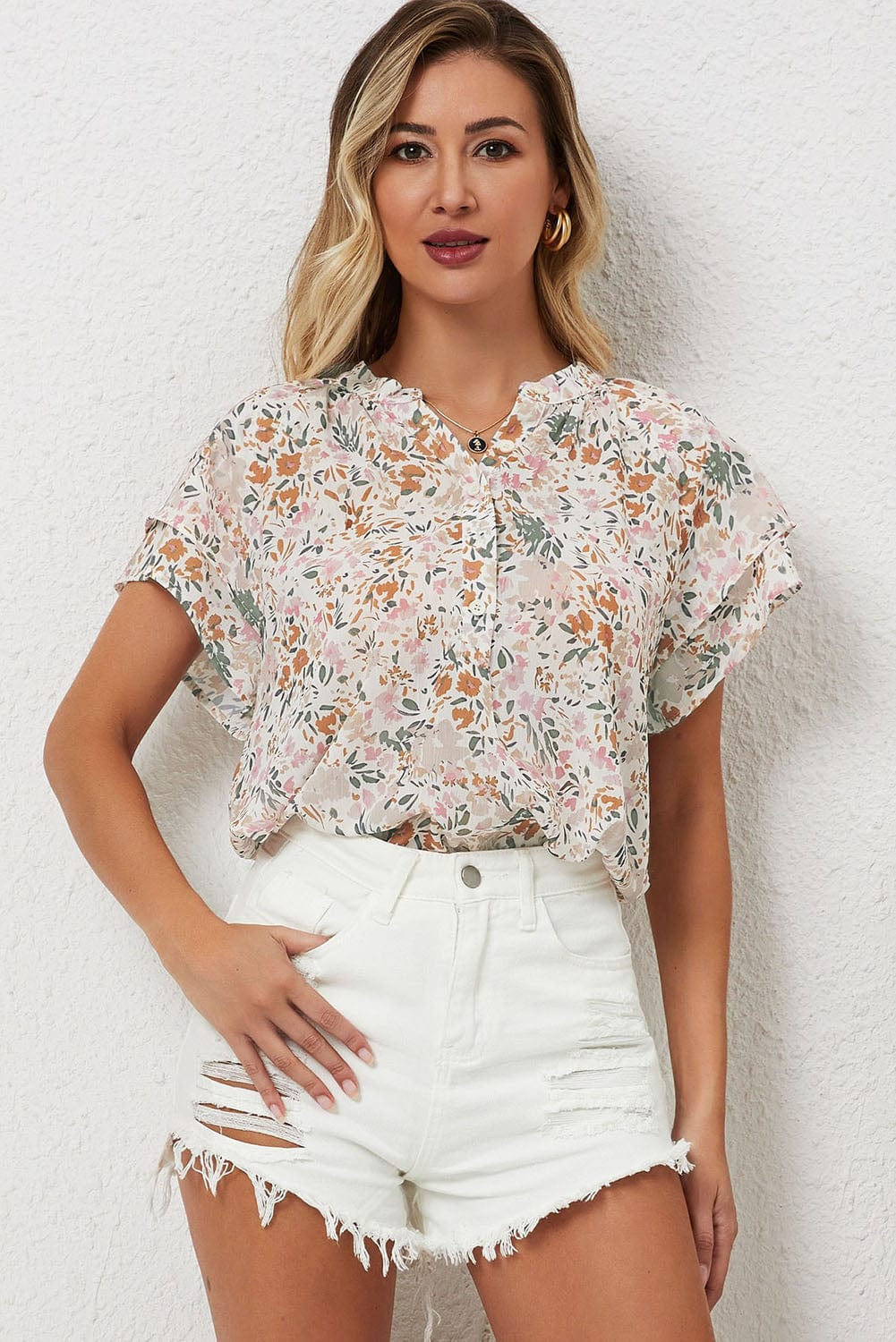 Vibrant Floral Mandarin Neckline Blouse