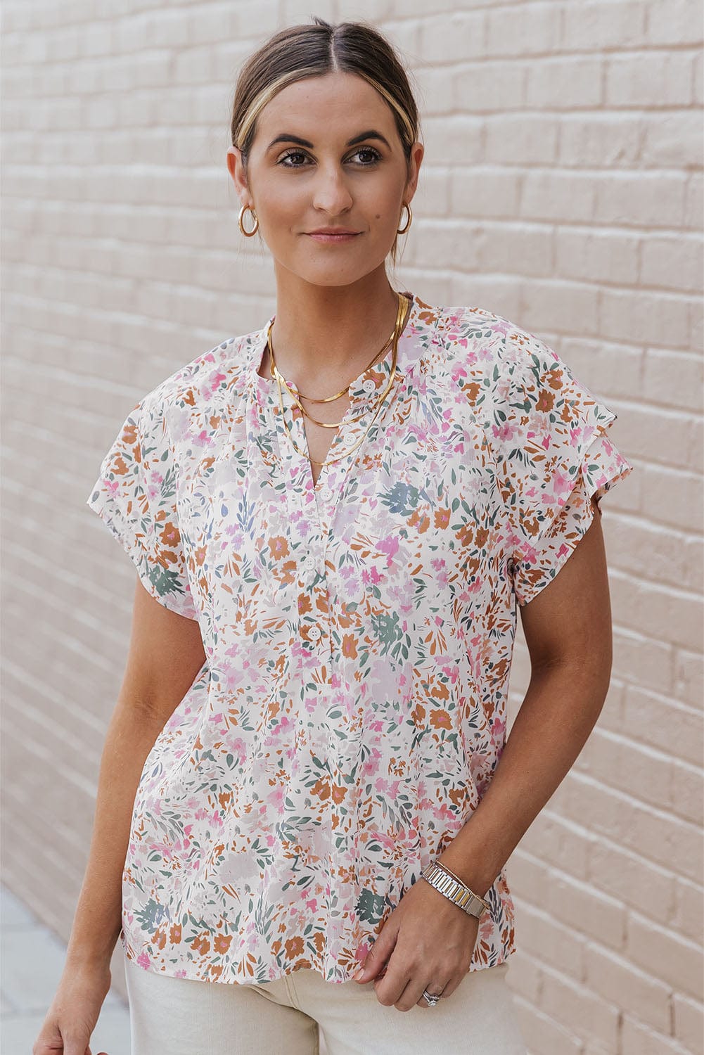 Vibrant Floral Mandarin Neckline Blouse