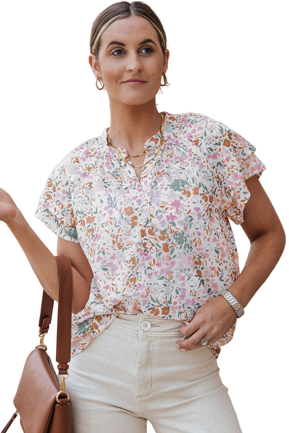 Vibrant Floral Mandarin Neckline Blouse