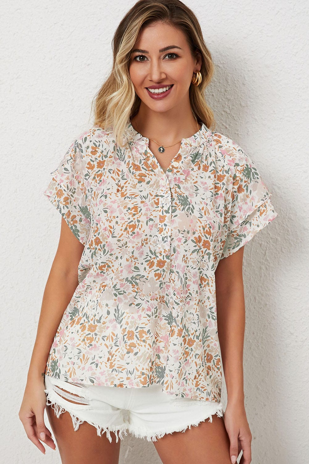 Vibrant Floral Mandarin Neckline Blouse