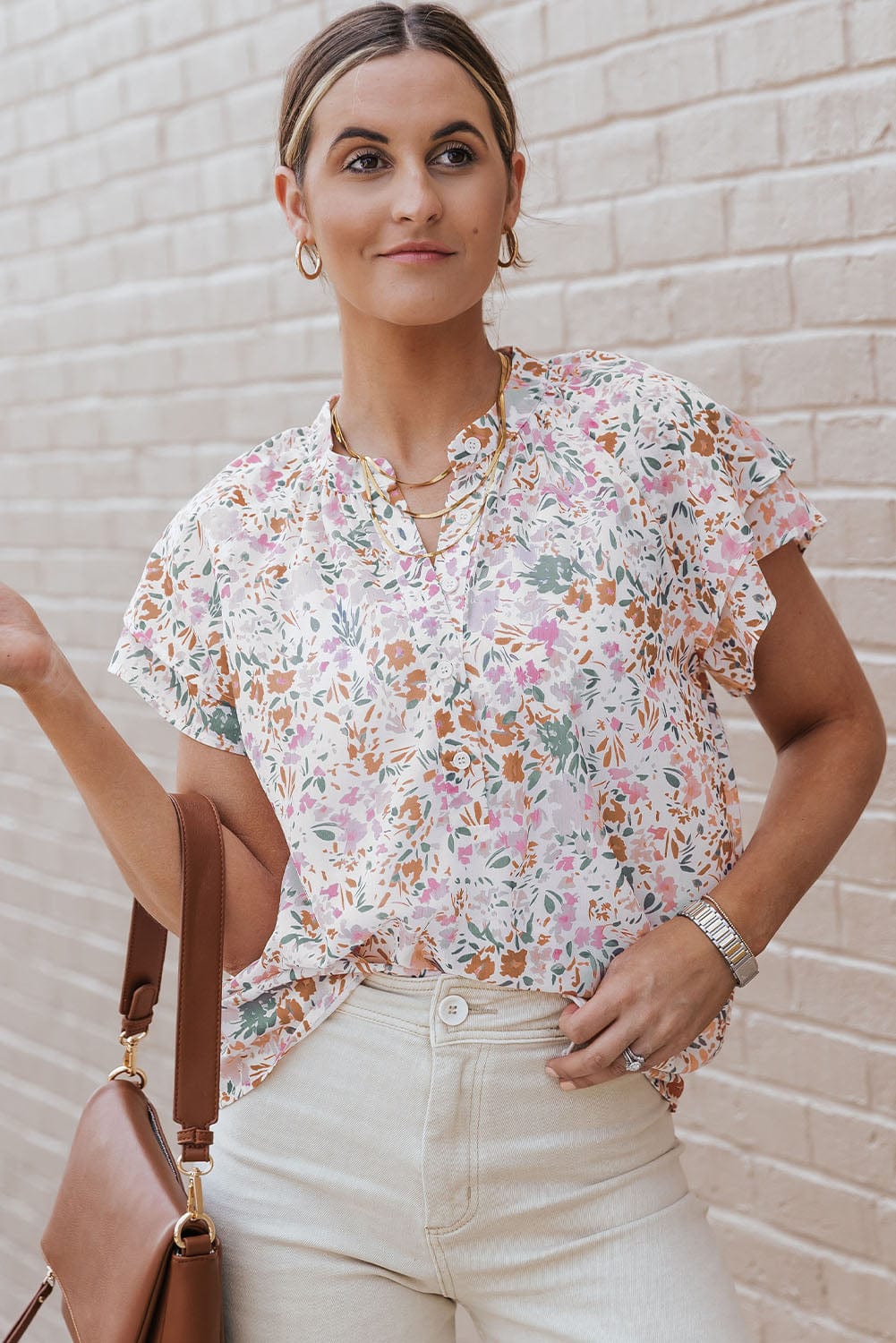 Vibrant Floral Mandarin Neckline Blouse