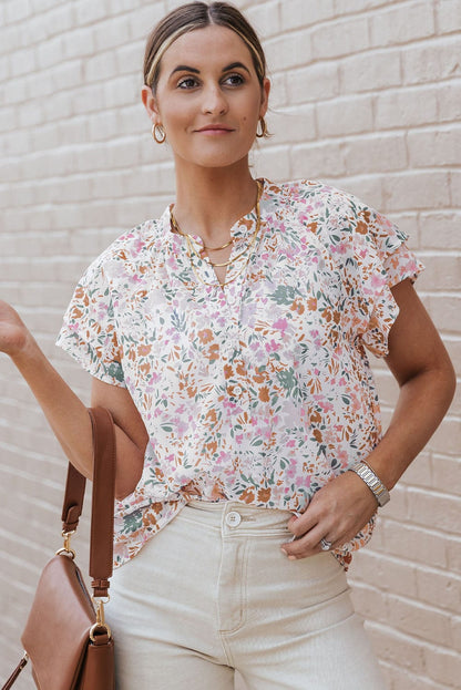 Vibrant Floral Mandarin Neckline Blouse