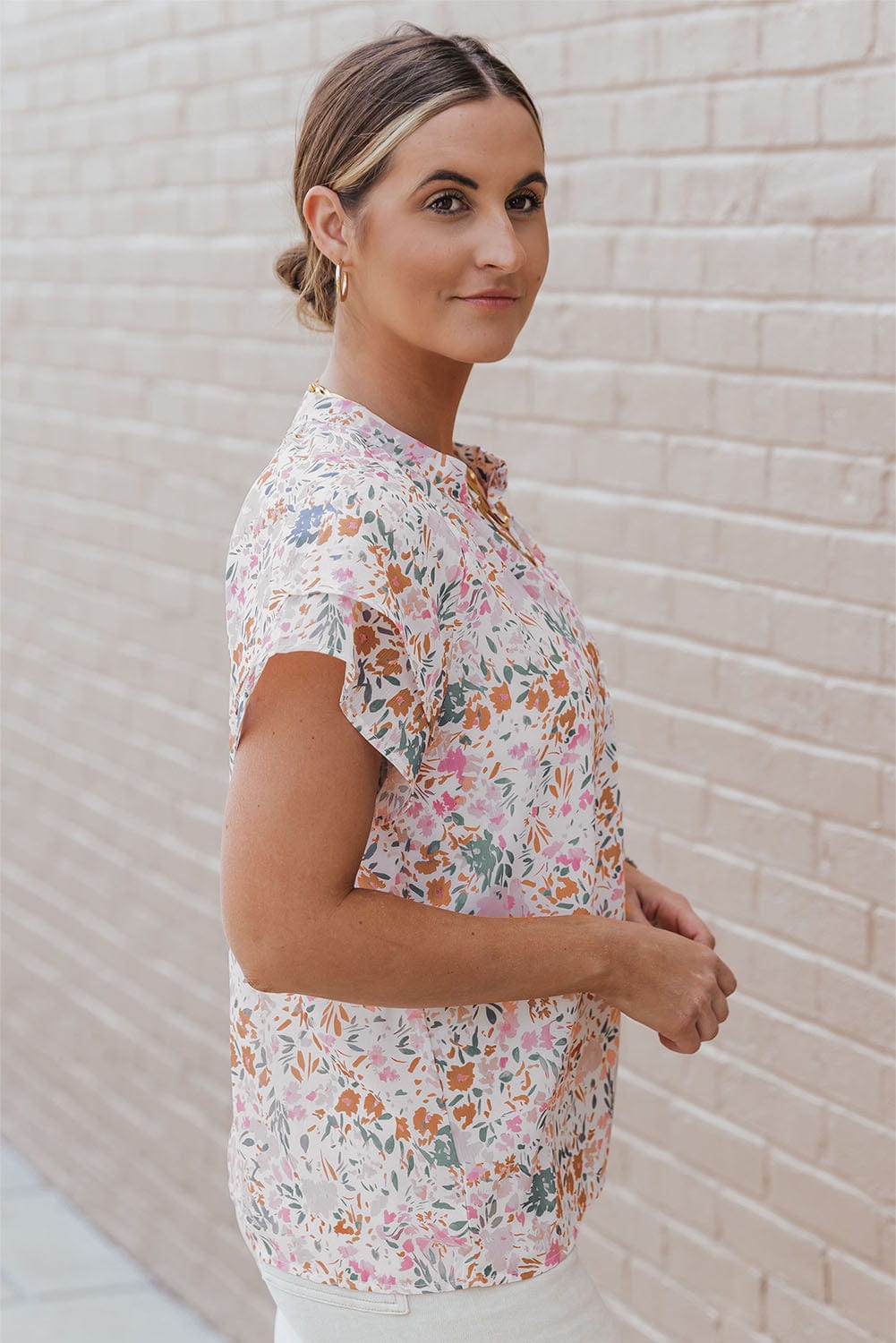 Vibrant Floral Mandarin Neckline Blouse