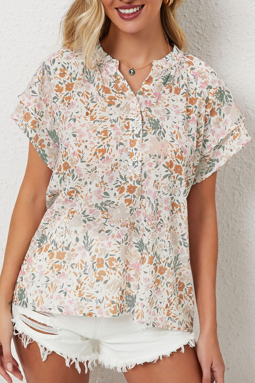 Vibrant Floral Mandarin Neckline Blouse