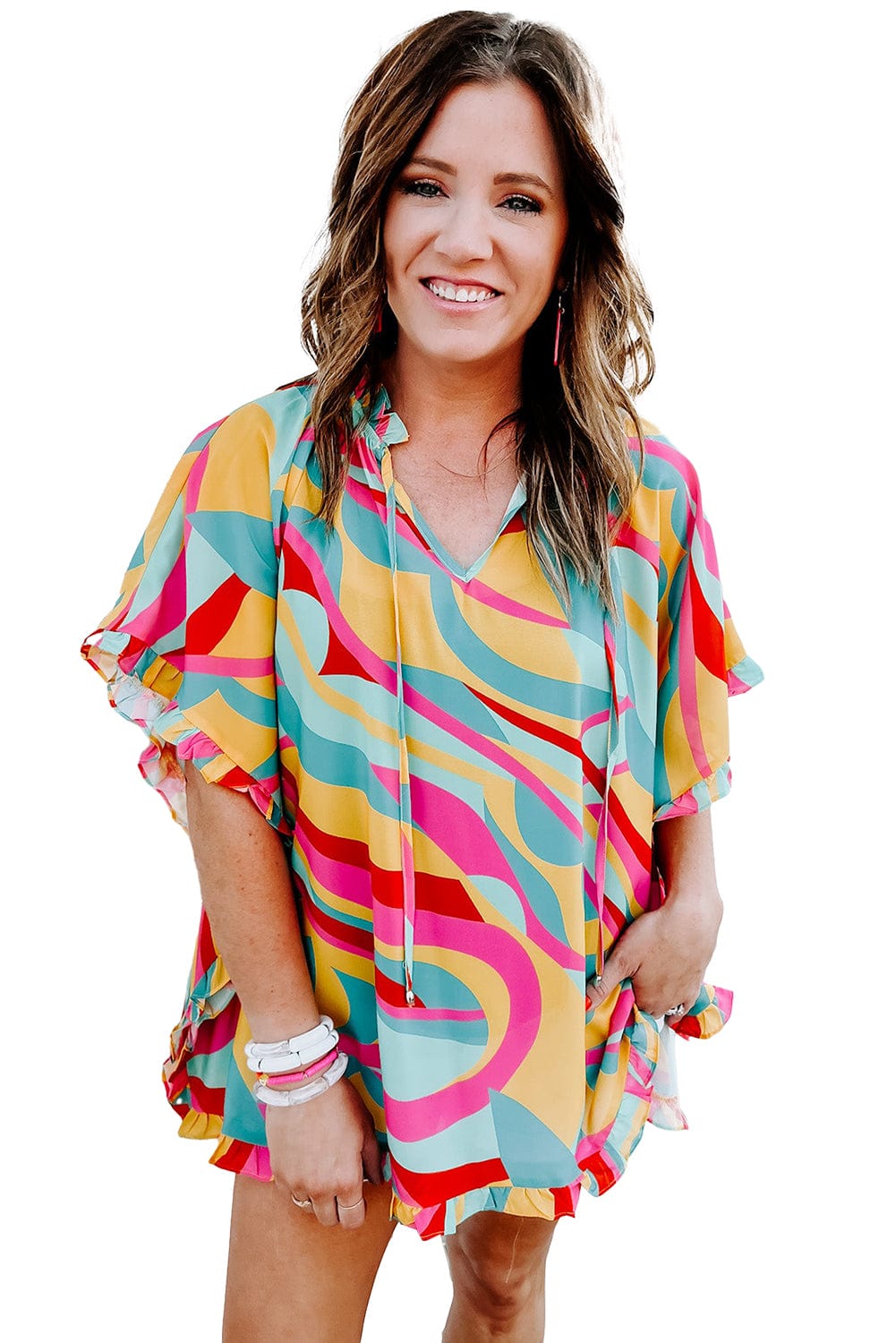Vibrant Frilled Batwing Sleeve Multicolour Print Blouse