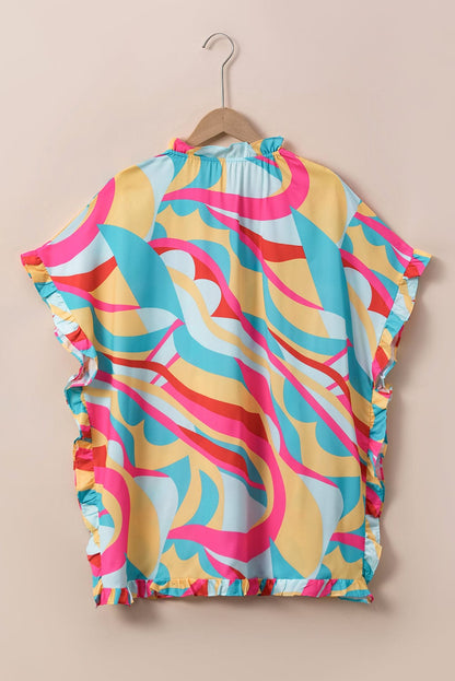 Vibrant Frilled Batwing Sleeve Multicolour Print Blouse