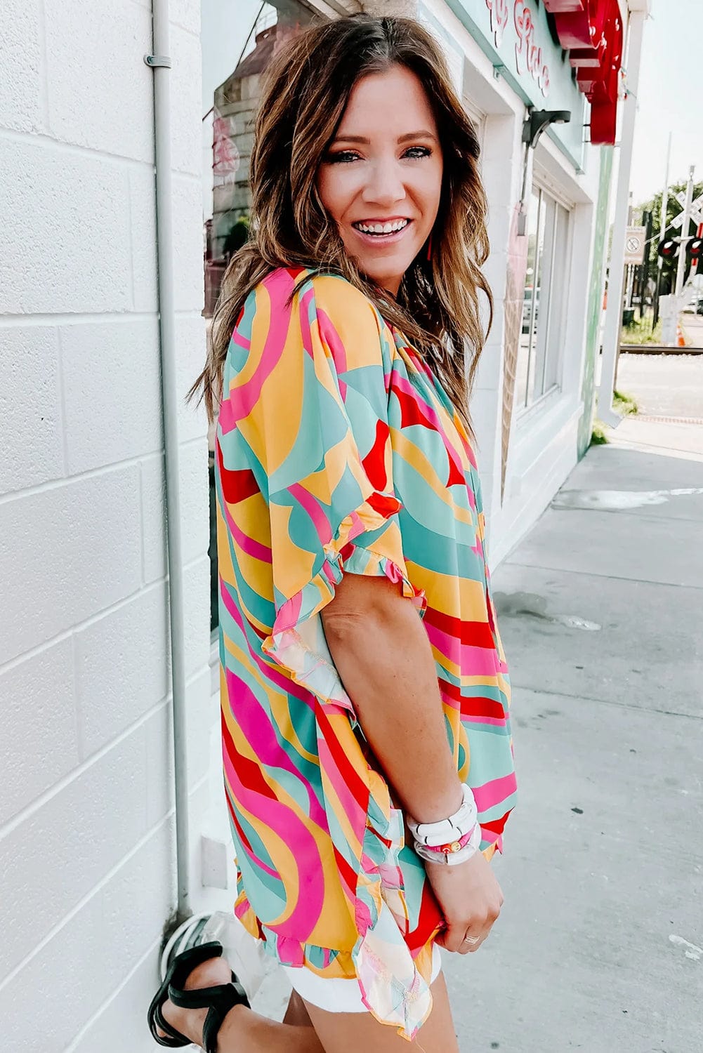 Vibrant Frilled Batwing Sleeve Multicolour Print Blouse