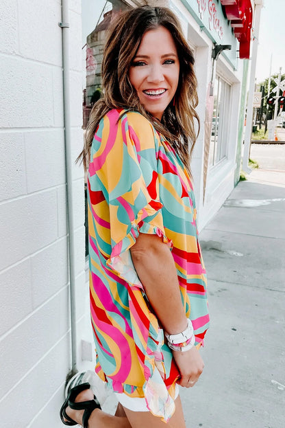 Vibrant Frilled Batwing Sleeve Multicolour Print Blouse