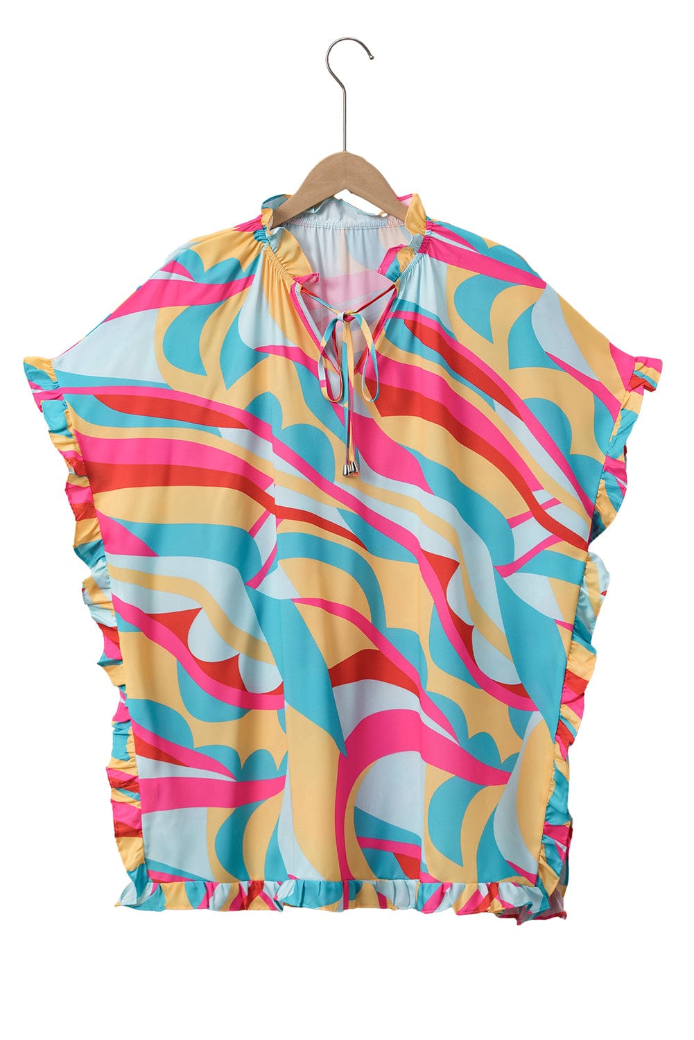 Vibrant Frilled Batwing Sleeve Multicolour Print Blouse