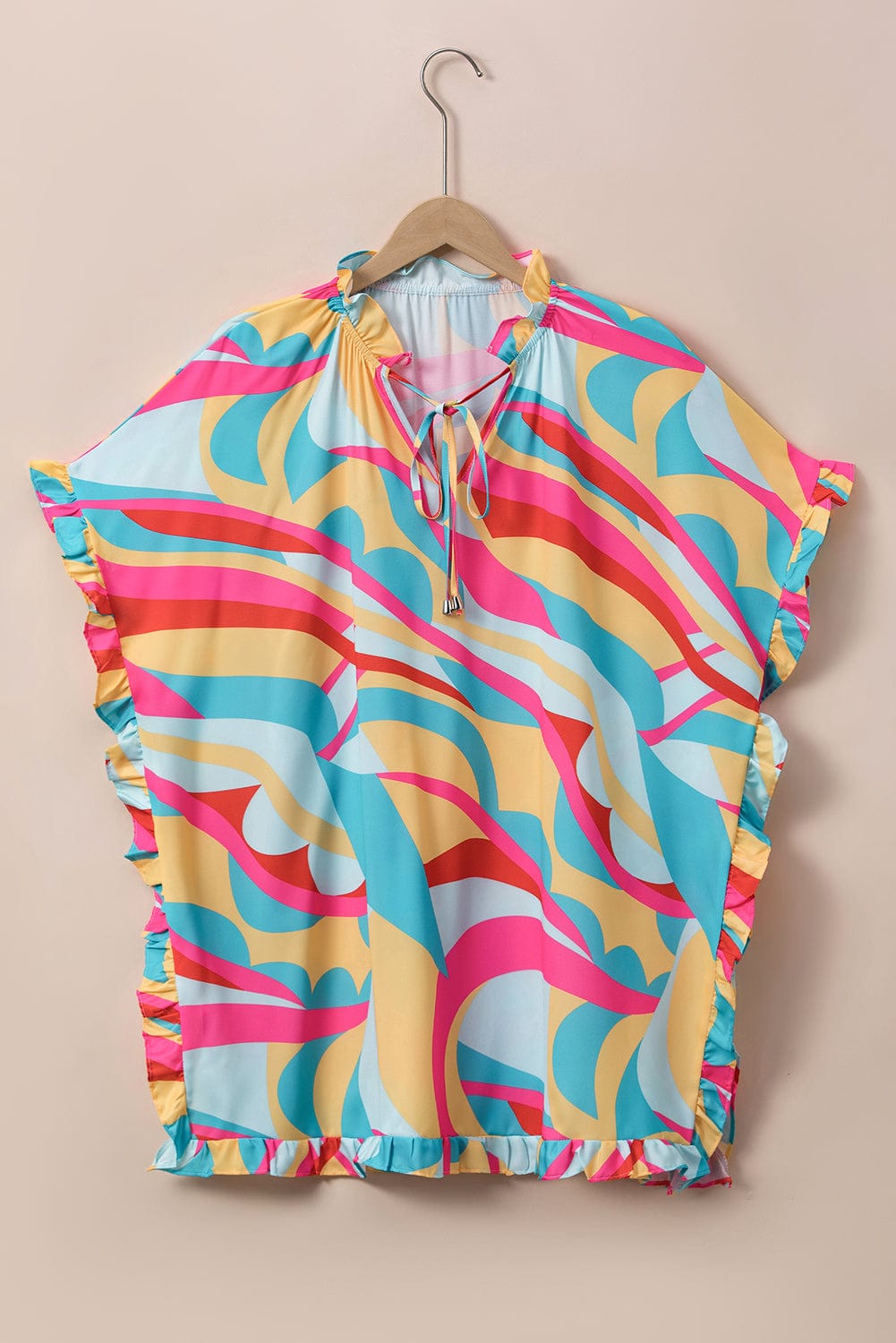 Vibrant Frilled Batwing Sleeve Multicolour Print Blouse