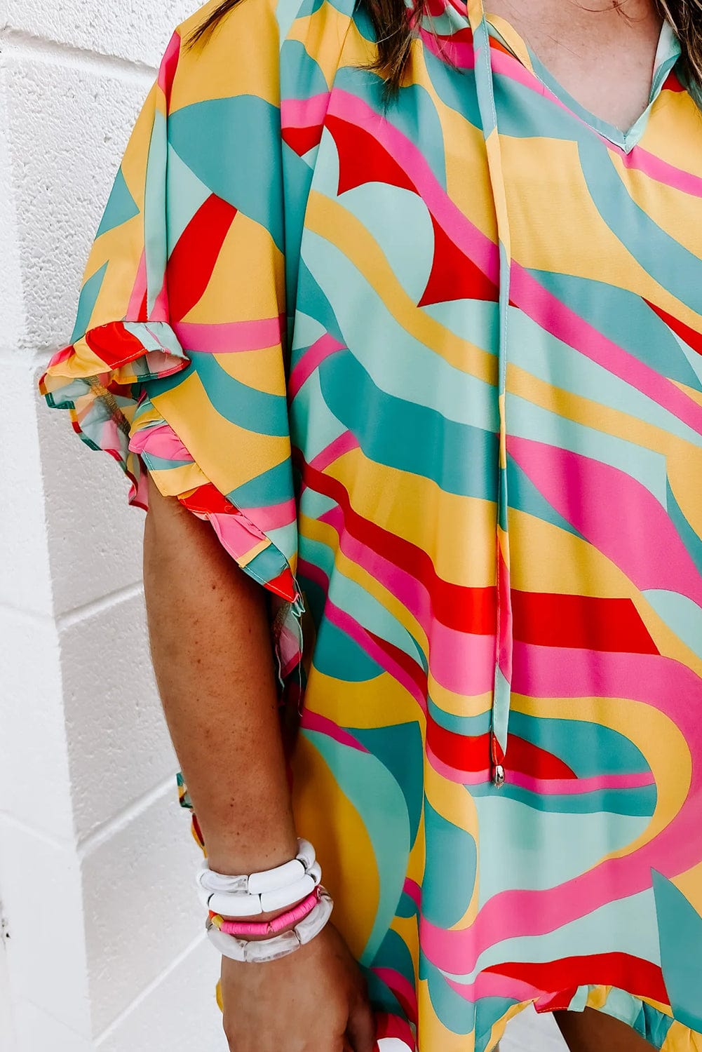 Vibrant Frilled Batwing Sleeve Multicolour Print Blouse