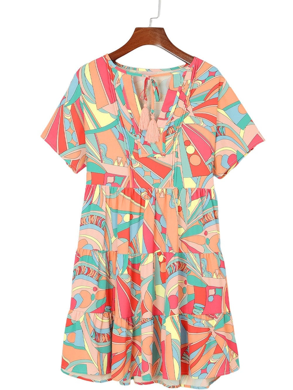 Vibrant Geometric Pattern Flared Dress with Tassel Detail