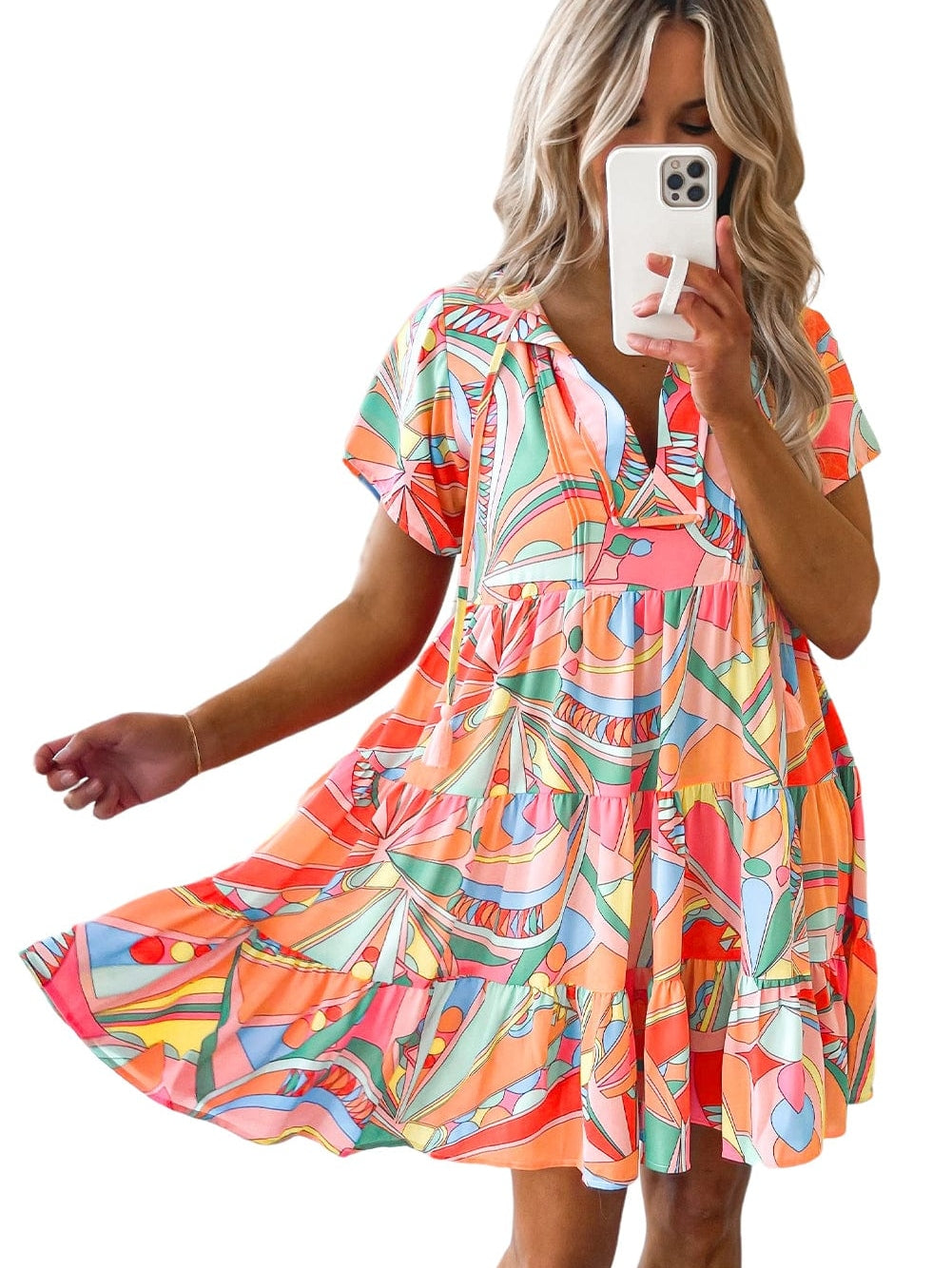 Vibrant Geometric Pattern Flared Dress with Tassel Detail