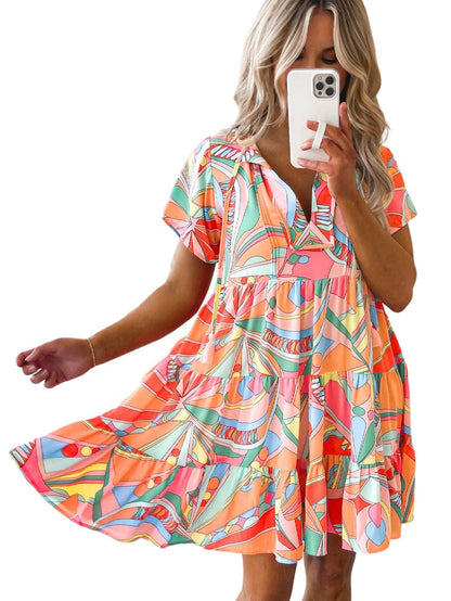 Vibrant Geometric Pattern Flared Dress with Tassel Detail