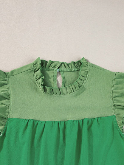 Vibrant Green Dual Tone Frilled Flutter Sleeve Top