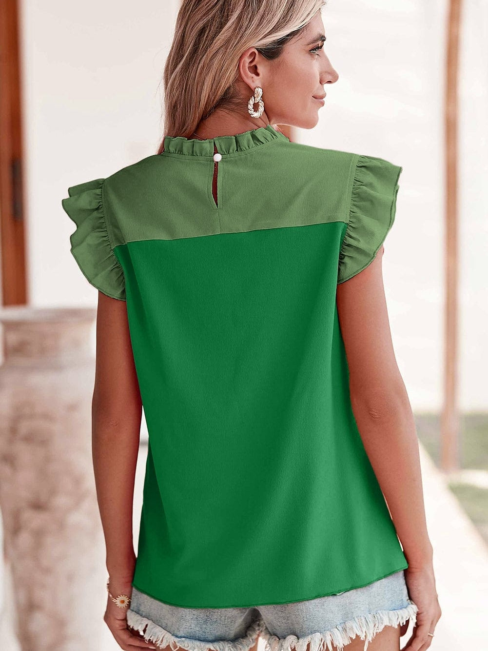 Vibrant Green Dual Tone Frilled Flutter Sleeve Top