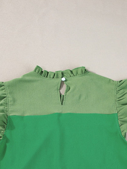 Vibrant Green Dual Tone Frilled Flutter Sleeve Top
