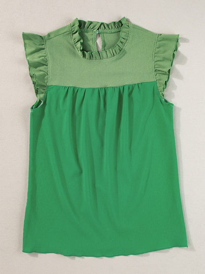 Vibrant Green Dual Tone Frilled Flutter Sleeve Top