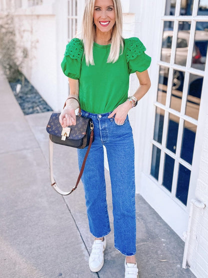 Vibrant Green Embroidered Puff Sleeve Blouse