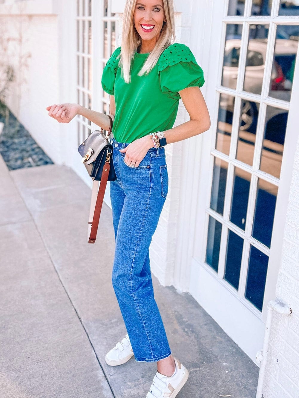 Vibrant Green Embroidered Puff Sleeve Blouse