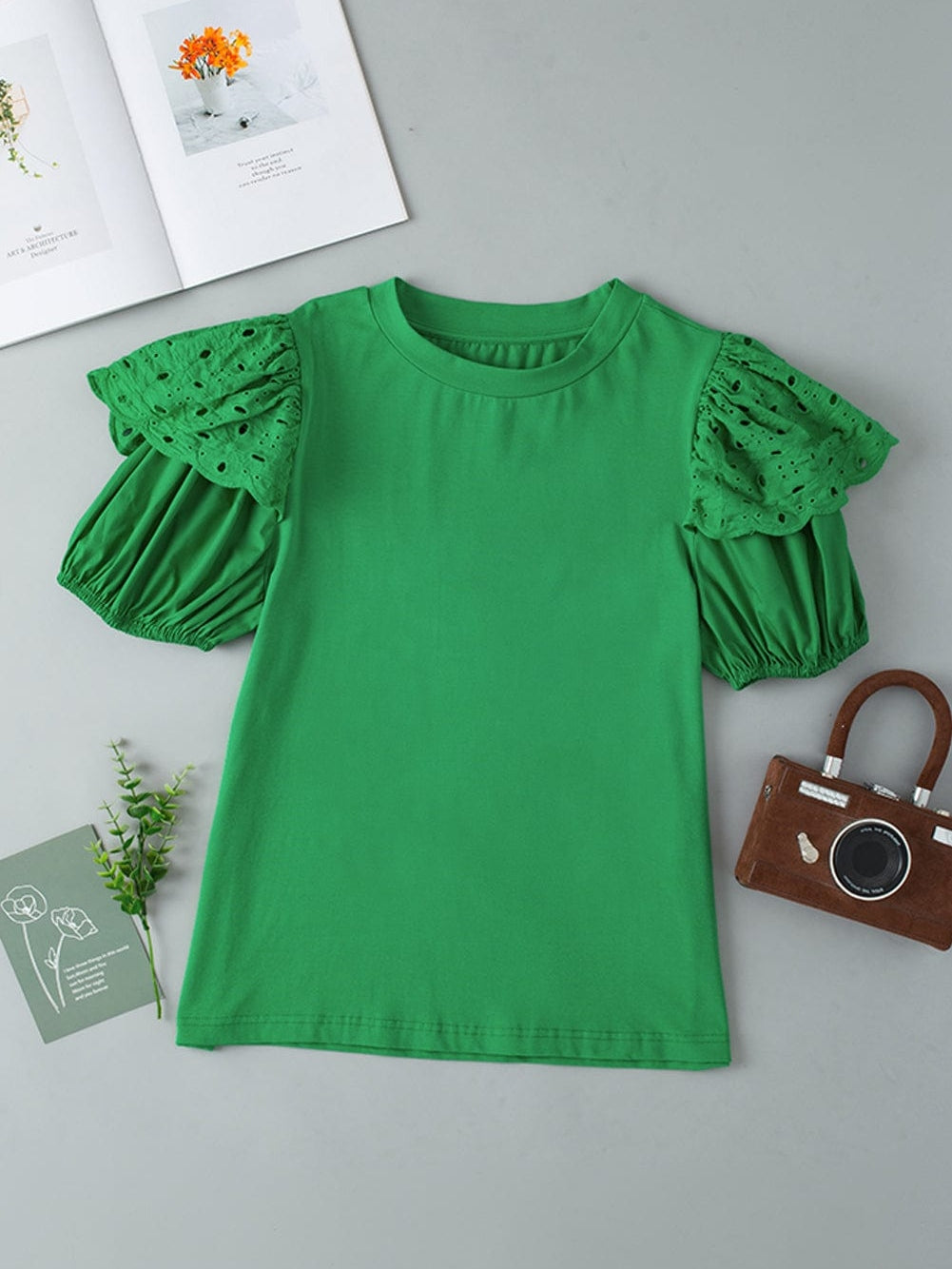 Vibrant Green Embroidered Puff Sleeve Blouse