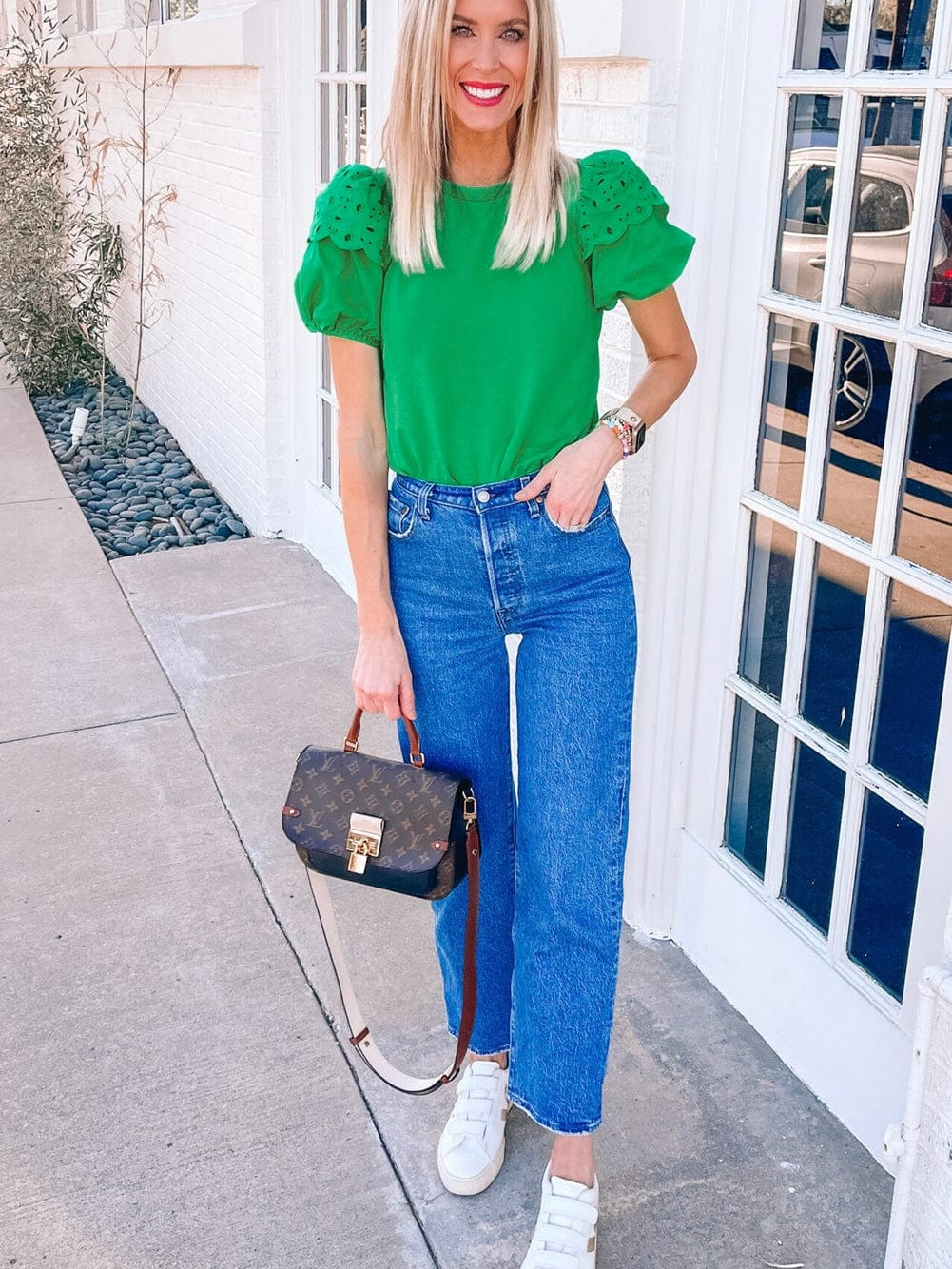 Vibrant Green Embroidered Puff Sleeve Blouse