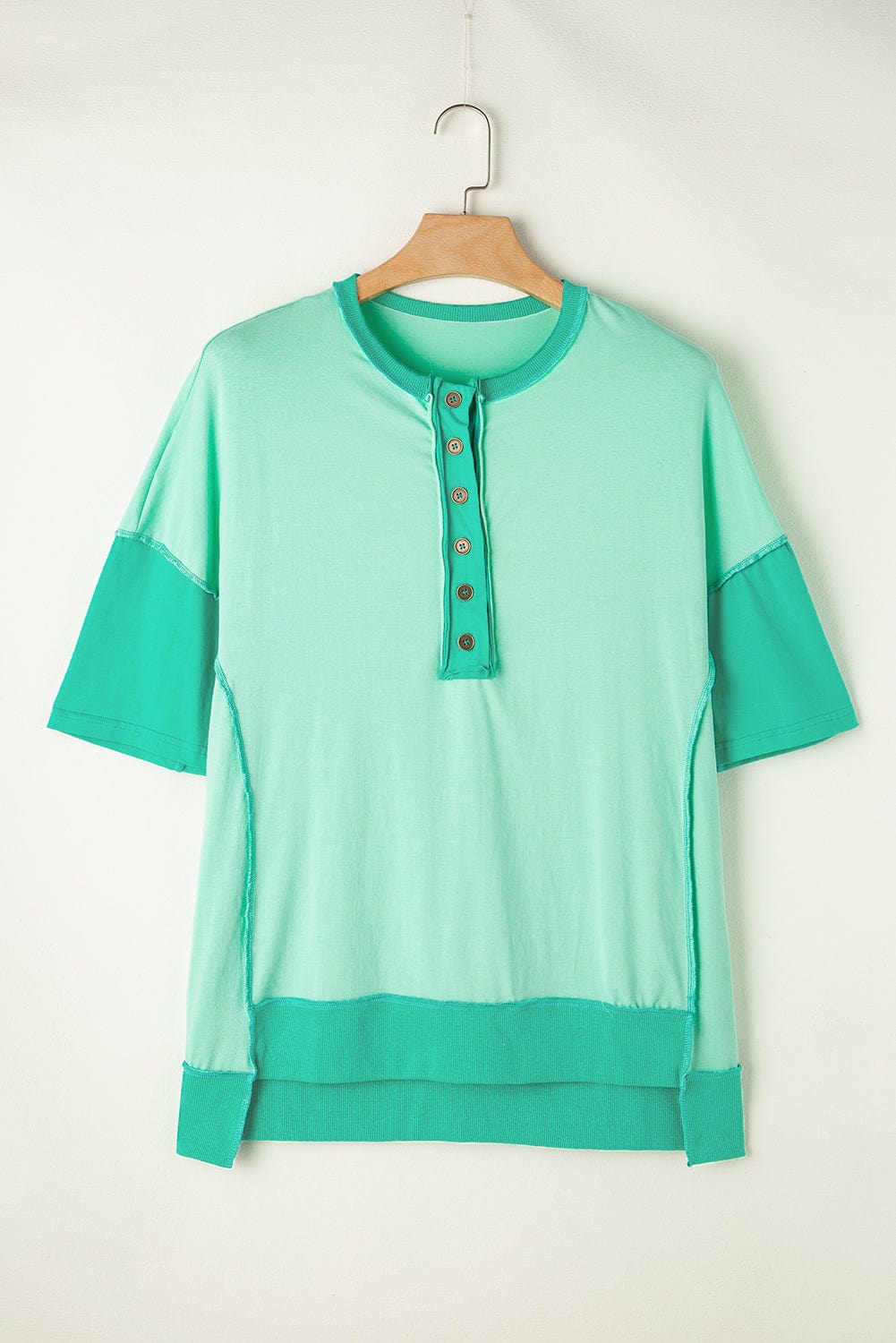 Vibrant Green Half Button Patchwork Tee for Casual Outings