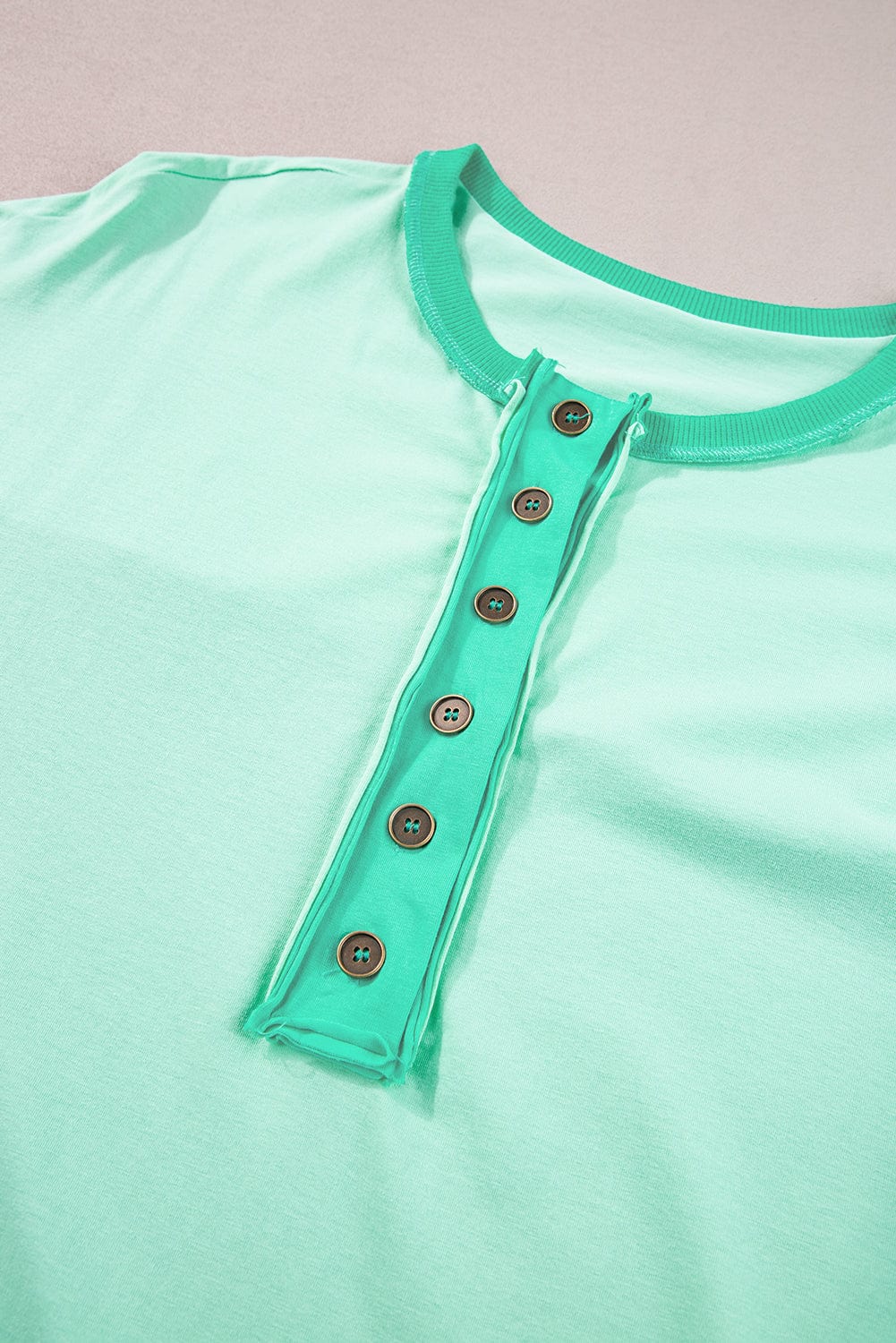 Vibrant Green Half Button Patchwork Tee for Casual Outings