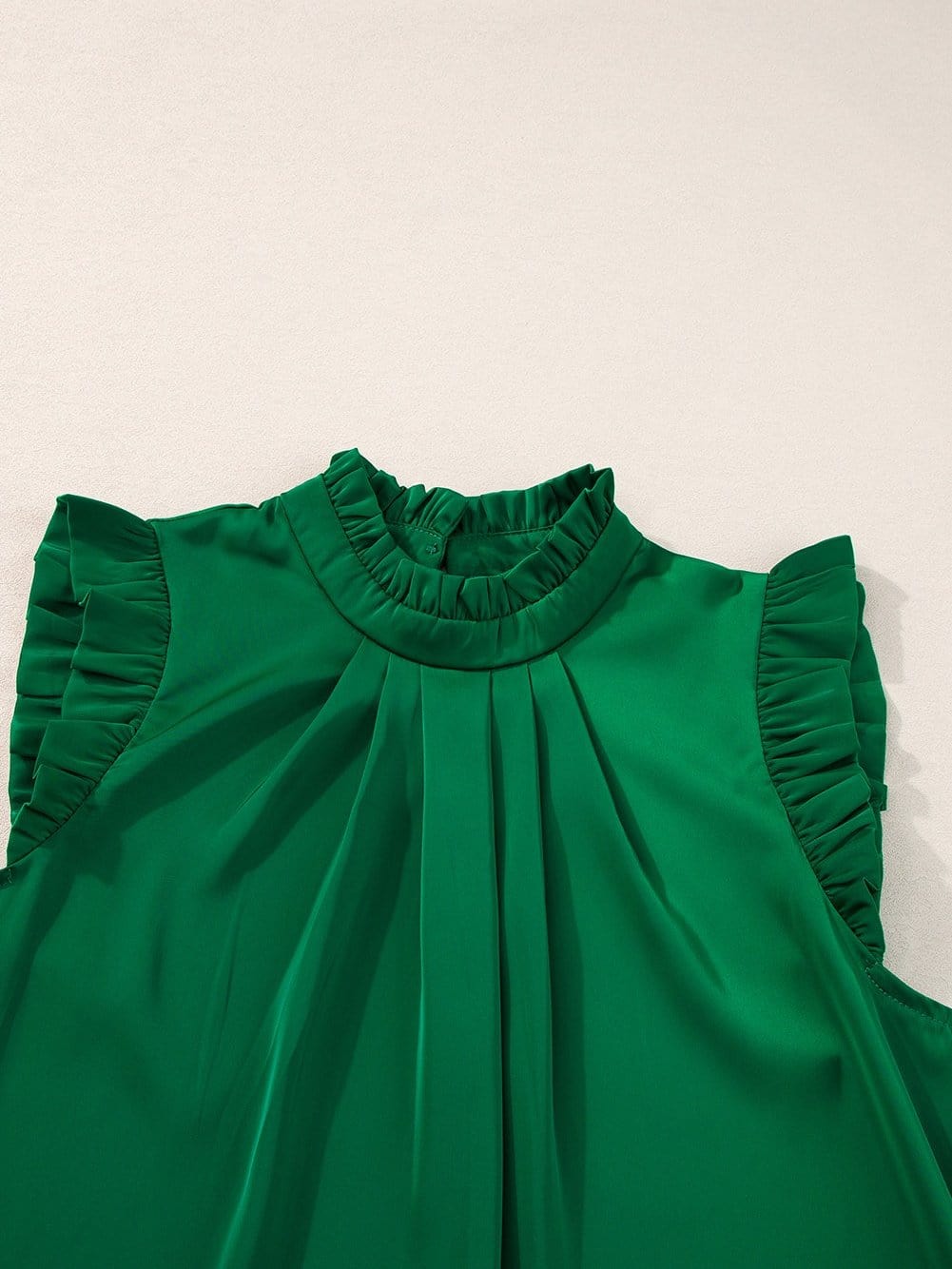 Vibrant Green Pleated Sleeveless Blouse with Frilled Mock Neck