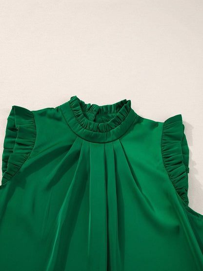 Vibrant Green Pleated Sleeveless Blouse with Frilled Mock Neck
